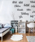 Room with 12 Piece Inspirational Wall Decals Set With Peel And Stick Vinyl Quotes Removable Motivational Sayings For Office Nursery Classroom Dorm Teens Black Matte Finish, displayed in a bedroom