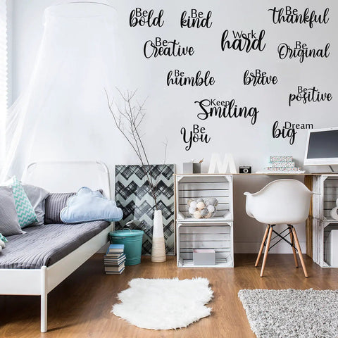 Room with 12 Piece Inspirational Wall Decals Set With Peel And Stick Vinyl Quotes Removable Motivational Sayings For Office Nursery Classroom Dorm Teens Black Matte Finish, displayed in a bedroom