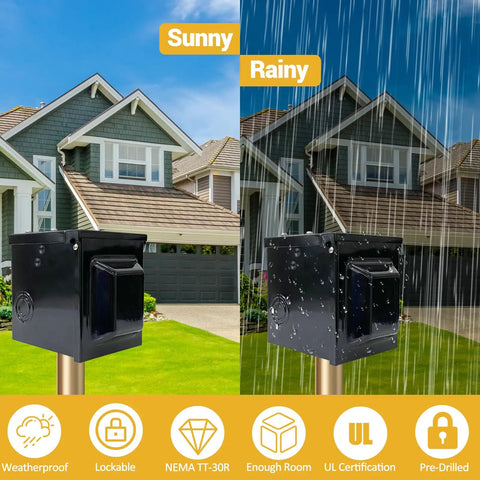Waterproof Lockable Enclosed Power Panel Box With 50 Amp 125 250V RV 14 50R Outlet for outdoor use in sun and rain