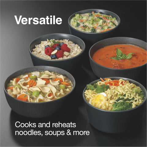 Bowls of noodle soup, vegetable soup, rice with berries, and broccoli dish on gray background with text about cooking versatility.