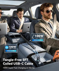 Heavy Duty 200W Car Charger With Usb C Fast Charge And Compact Gan Power Featuring Pd 100W Dual Output For A Built Different Road Ready Setup That Absolutely Slaps While Fueling All Your Devices On The Go, showing two men in a car using laptops with a coiled 5ft USB-C cable.