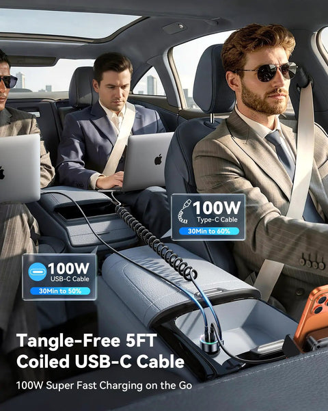 Heavy Duty 200W Car Charger With Usb C Fast Charge And Compact Gan Power Featuring Pd 100W Dual Output For A Built Different Road Ready Setup That Absolutely Slaps While Fueling All Your Devices On The Go, showing two men in a car using laptops with a coiled 5ft USB-C cable.