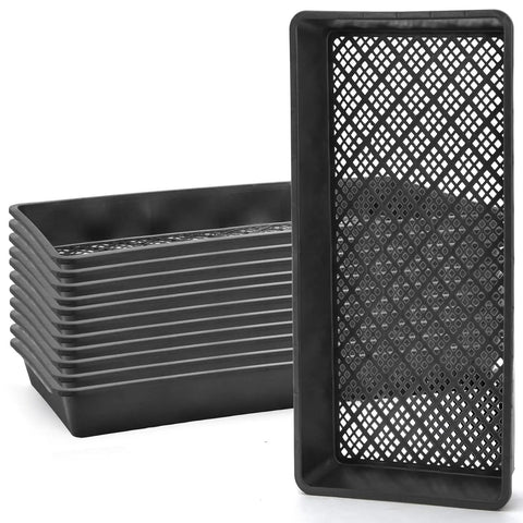 12 Pack Mesh Bottom Seed Starter Trays for Microgreens and Seedlings, 21 by 10.6 Inch, stacked and one vertical, black plastic