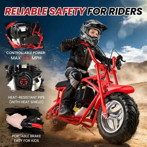 Child riding 40cc gas powered mini dirt bike for kids 8 14 with automatic transmission and pull start off road pocket motorcycle