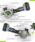 Front and side views of WORKPRO 20V cordless mini circular saw with 4-1/2 inch blade, laser guide and battery