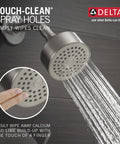 Brushed Nickel Tub And Shower Trim Kit With Single Spray Touch Clean Shower Head, water streaming, close-up on spray holes