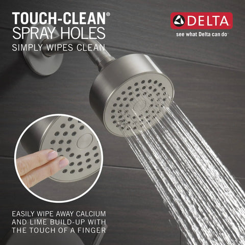 Brushed Nickel Tub And Shower Trim Kit With Single Spray Touch Clean Shower Head, water streaming, close-up on spray holes