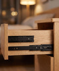 Premium Two Set Side Mount Drawer Slide Rails Six Inch Full Extension Ball Bearing Runners With Smooth Glide Action and Durable Black Finish shown on nightstand drawer.