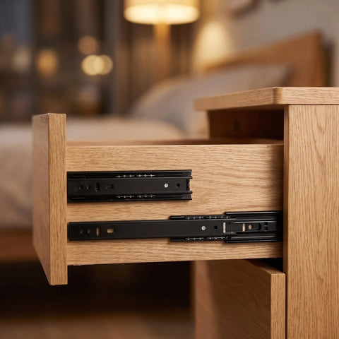Premium Two Set Side Mount Drawer Slide Rails Six Inch Full Extension Ball Bearing Runners With Smooth Glide Action and Durable Black Finish shown on nightstand drawer.