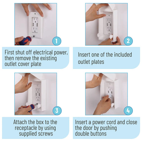 Installation steps for Kid Proof Outlet Safety Box Cover With Switch And Plug Covers Patent Pending Design Includes Outlet Box Outlet Cover Switch Cover And Three Screws For Standard And Decorative Outlets