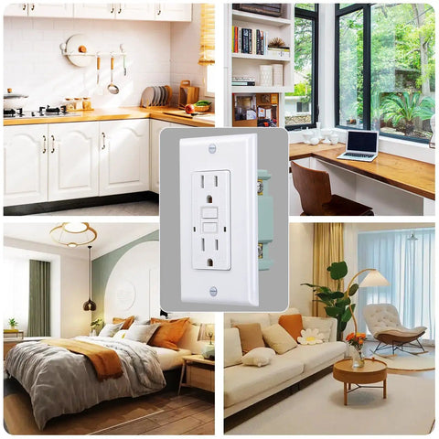 Collage of indoor settings with Weatherproof GFCI Outlet Pack 10 Self Test Tamper Resistant UL Listed 15 Amp Receptacle