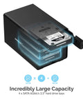 Heavy Duty Four Bay USB C Docking Station For External Hard Drive Enclosure And SSD HDD Expansion With Blazing Fast 10Gbps Transfer Speeds Built Tough Multi Drive Access showing internal hard drives.