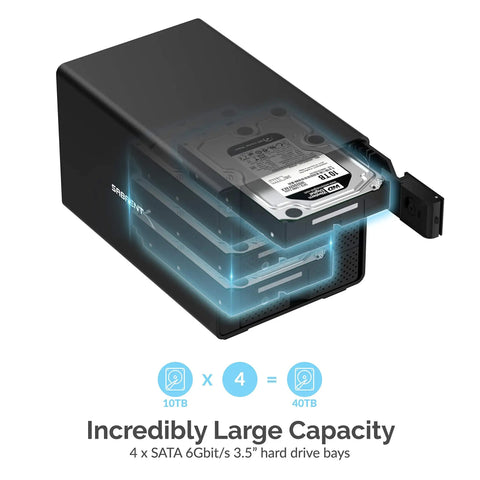 Heavy Duty Four Bay USB C Docking Station For External Hard Drive Enclosure And SSD HDD Expansion With Blazing Fast 10Gbps Transfer Speeds Built Tough Multi Drive Access showing internal hard drives.