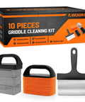 Griddle Cleaning Kit For Blackstone Flat Top Grill with stone scraper, brush, and pumice pad shown in packaging and tools view.