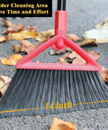 Kick Up Dust Heavy Duty Angle Broom With Rust Resistant Handle And Split End Bristles For Indoor Outdoor Cleaning Perfect For Kitchen Garage And Industrial Courtyards Dang Tough Commercial Floor Sweeper, 14 inch wide bristles on ground with leaves