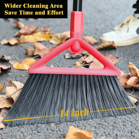 Kick Up Dust Heavy Duty Angle Broom With Rust Resistant Handle And Split End Bristles For Indoor Outdoor Cleaning Perfect For Kitchen Garage And Industrial Courtyards Dang Tough Commercial Floor Sweeper, 14 inch wide bristles on ground with leaves