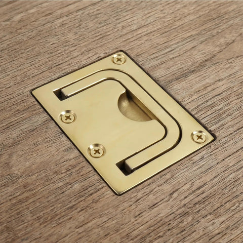 Gold Finish Flush Ring Pull Handle for Marine Boat Hatch Latch 316 Stainless Steel Low Profile Recessed Door Pull on wood surface.