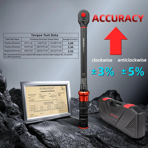 Nine Piece Torque Wrench Set With Dual Range Click Wrenches In One Quarter, Eighths, And One Half Inch Drive for precision tightening