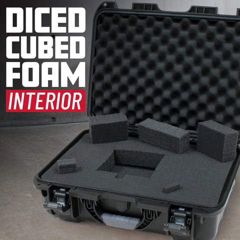 Open Titan Series Waterproof Utility Case With Diced Foam Insert showing pluck and pull foam interior, IP67 dustproof gear box.