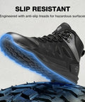 Side view of black Steel Toe Work Boots For Men Built Tough Waterproof Slip-Resistant Wide-Toe Safety Shoes With EH Protection.