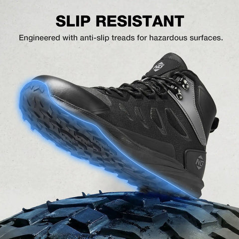 Side view of black Steel Toe Work Boots For Men Built Tough Waterproof Slip-Resistant Wide-Toe Safety Shoes With EH Protection.