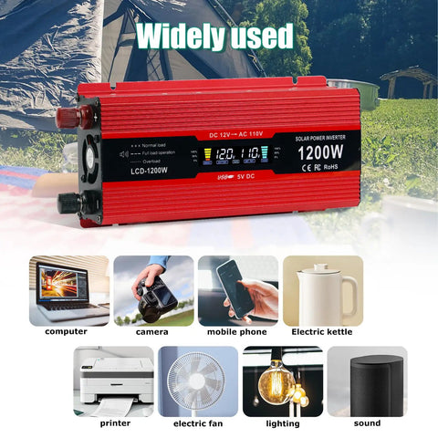 Heavy Duty 1200W Car Power Inverter Cranks Out DC 12V To 110V AC With Tough Steel Shell And Crisp LCD Display Panel for camping use.