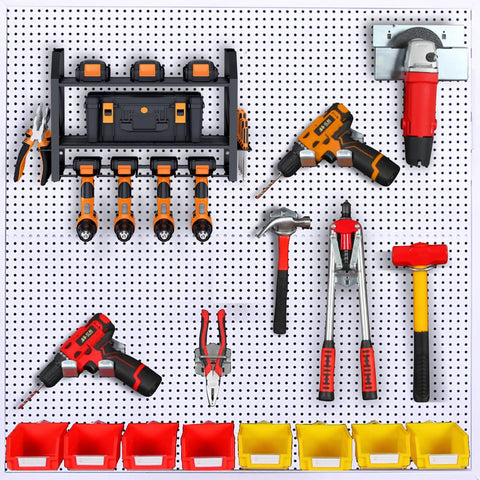 Wall Mounted Power Tool Organizer Rack With Battery Holder And Four Drill Slots, Heavy Duty Metal Storage Shelf
