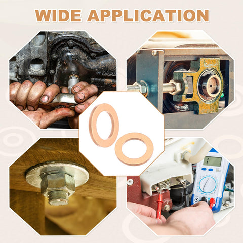 18 Piece M10 Copper Washers Set M10x16x1.5mm Copper Crush Washers shown in various automotive and electrical applications