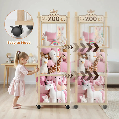 Girl pushing 56 Inch Tall Wooden Stuffed Animal Storage Tower With Wheels, Large Plush Toy Organizer for playroom.