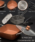 Copper Chef 5 Piece Nonstick Copper Cookware Set With Deep Fry Pan Fry Basket Steamer Rack and 5 Qt Square Pan displayed.