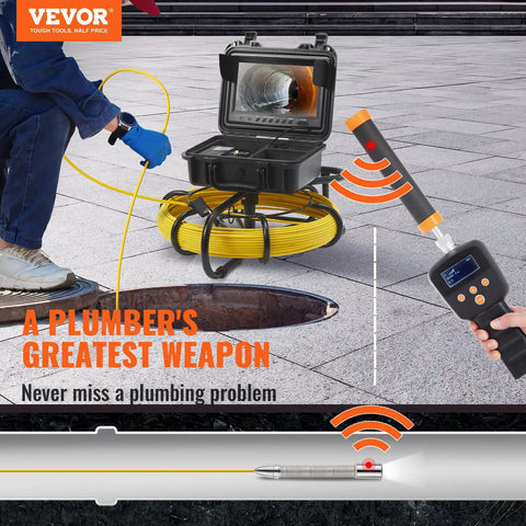 Sewer Inspection Camera Pro Grade With 512Hz Locator, 165 Feet Cable, 9 Inch LCD Screen, DVR Function, IP68 Waterproof Camera With 12 Adjustable LEDs, 16GB SD Card, Perfect For Home Plumbing, Ducts, And Pipe Runs. Plumber using camera and locator to inspect drain pipe