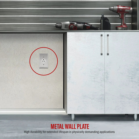 Heavy Duty Metal Wall Plate For 1.406 Inch Single Receptacle 1 Gang Corrosion Resistant 430 Stainless Steel UL Listed shown in garage