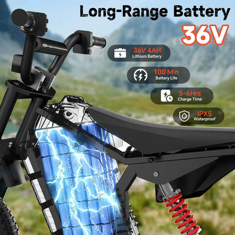Kids Electric Dirt Bike With 700W Peak Power And Three Speed Modes Rides Up To 15.5 MPH On Mixed Terrain For Real Dirt Bike Feel And About 13.7 Mile Range In Bright Red, 36V battery detail