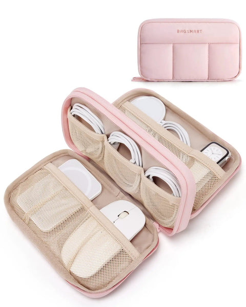Open Electronics Organizer Travel Case For Cords Chargers Cables And Small Tech Gear Dual Layer Pouch With Fluffy Quilted Pink Finish