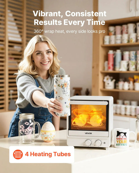 Woman holding a decorated tumbler near 13Quart Sublimation Oven Cranks Out Vivid Transfers Fast With 360 Degree Surround Heat.
