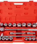 Heavy Duty 3/4 inch Drive Impact Socket Set With Ratchet Handle And Breaker Bar Featuring 21 Piece SAE Range From 7/8 To 2 Inches For Tough Truck Farm Equipment Jobs, red case open