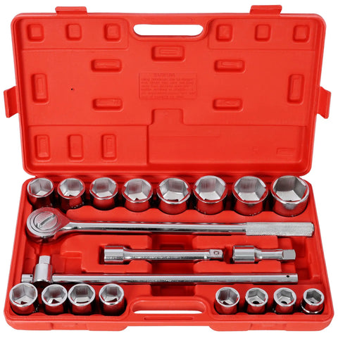 Heavy Duty 3/4 inch Drive Impact Socket Set With Ratchet Handle And Breaker Bar Featuring 21 Piece SAE Range From 7/8 To 2 Inches For Tough Truck Farm Equipment Jobs, red case open