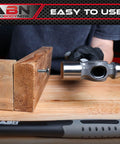 Ball Pein Hammer Set 4-Piece With 8, 12, 16, 24 Oz Hammers, Fiberglass Handles, shown with metal striking on wood