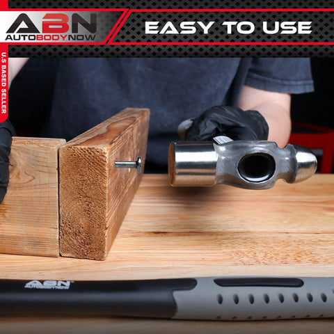 Ball Pein Hammer Set 4-Piece With 8, 12, 16, 24 Oz Hammers, Fiberglass Handles, shown with metal striking on wood