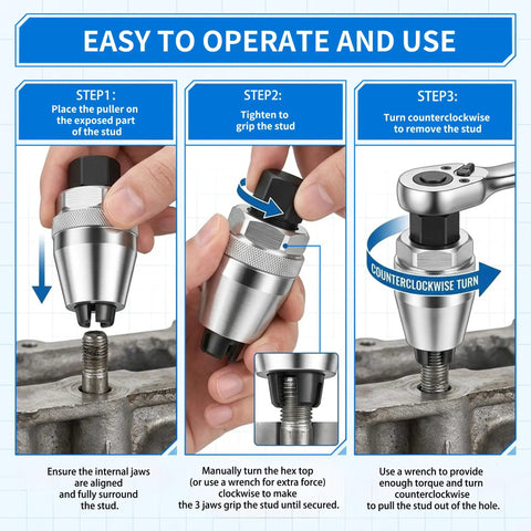 Damaged Bolt Extractor and Stud Remover Tool for One Quarter to One Half Inch Bolts being used to remove a rusted stud.