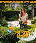 Woman using Cordless Weed Eater 3 in 1 Trimmer Brush Cutter Edger With Wheels Stringless Weed Wacker in garden