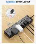 25 Ft Flat Plug Extension Cord Power Strip With 12 Outlets And 3 USB Ports, shown with plugged devices