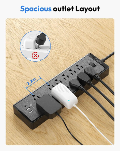 25 Ft Flat Plug Extension Cord Power Strip With 12 Outlets And 3 USB Ports, shown with plugged devices