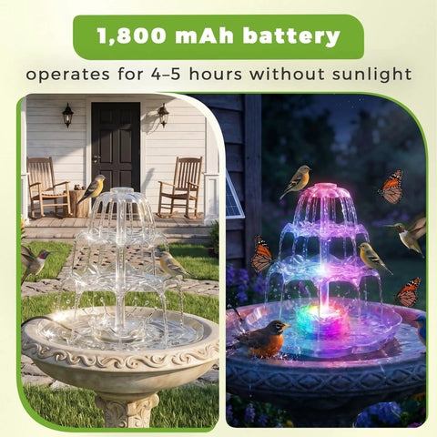 6.5W Solar Bird Bath Fountain With Lights, 3 Tier DIY Water Feature, Detachable Solar Pump For Garden, Patio, Yard And Pond, day and night view