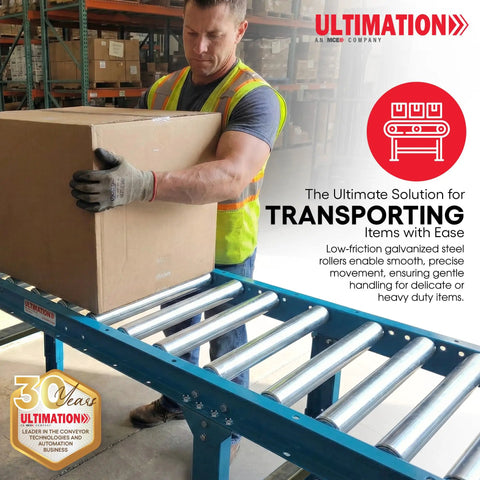 Worker placing box on Light Duty Gravity Conveyor With 1.5 Inch Galvanized Rollers, 12 Inch Wide, 5 Foot Long Steel Frame On 6 Inch Centers