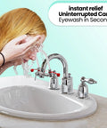 User demonstrating Industrial Faucet Mount Eyewash Station With Universal Sink Adapters And Continuous Flow Emergency Eye Flusher for safety.