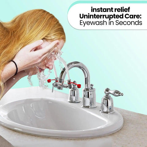 User demonstrating Industrial Faucet Mount Eyewash Station With Universal Sink Adapters And Continuous Flow Emergency Eye Flusher for safety.