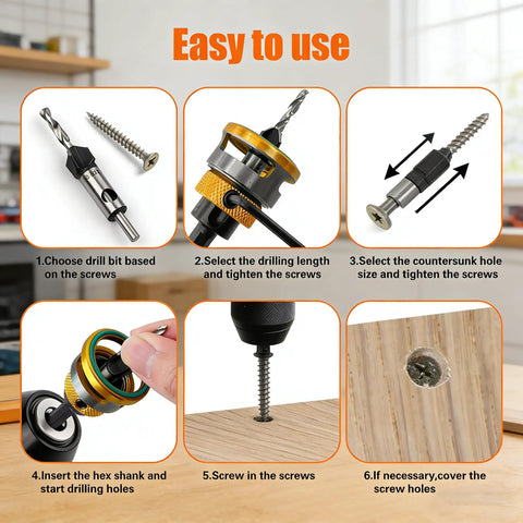 Step-by-step guide using Four Piece Countersink Drill Bit Set With Adjustable Depth Stop And L Shape Wrench For Woodworking HSS Four Blade Countersink Bits For Wood And Plastic DIY Pros Will Love Case Included.