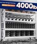 Badass 4000 Lbs Rolling Garage Shelving Rack With Heavy Duty Swivel Wheels And Fully Adjustable 4 Tier Design, featuring weights and tires.