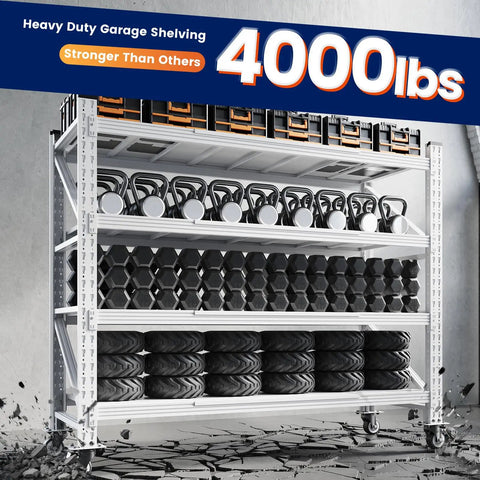 Badass 4000 Lbs Rolling Garage Shelving Rack With Heavy Duty Swivel Wheels And Fully Adjustable 4 Tier Design, featuring weights and tires.